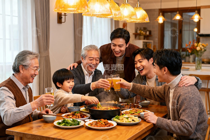 高清大图下载【趣麦麦图】三代同堂家庭聚餐温馨场景