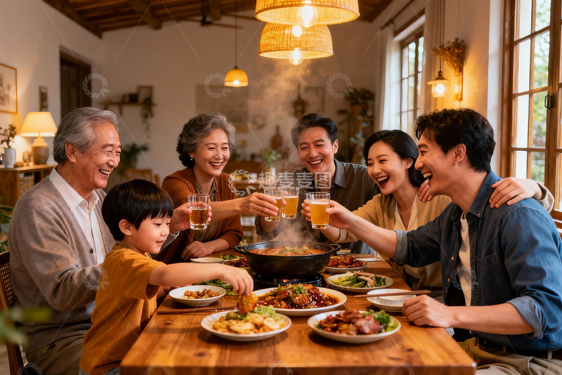 高清大图下载【趣麦麦图】三代同堂围桌聚餐其乐融融