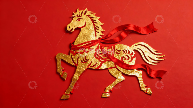 高清大图下载【趣麦麦图】红色背景金色骏马剪纸艺术