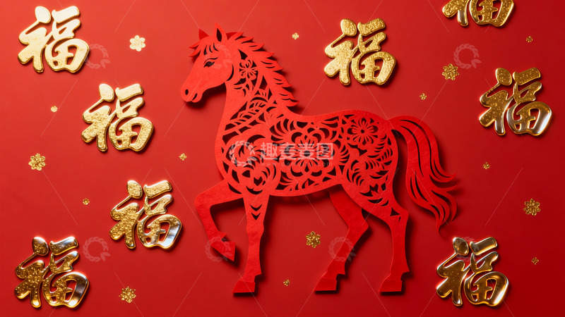 高清大图下载【趣麦麦图】红色剪纸马与金色福字装饰