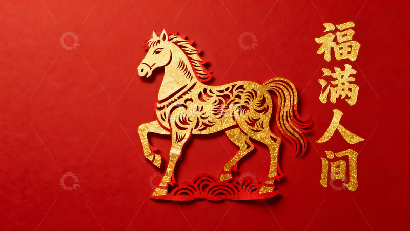 高清大图下载【趣麦麦图】红色背景金色剪纸马图案