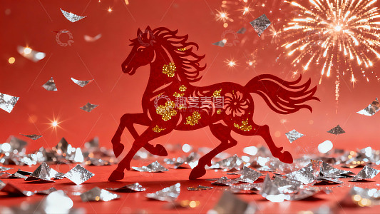 红色剪纸马烟花背景图
