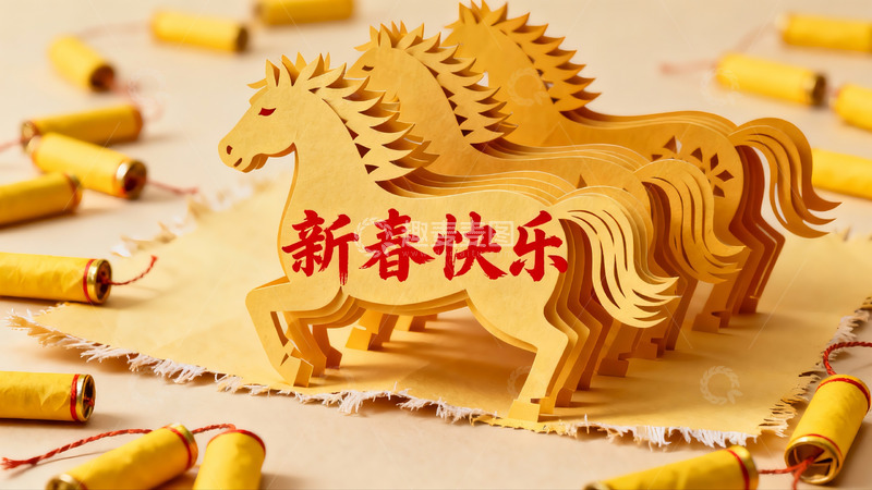 高清大图下载【趣麦麦图】新春剪纸马与鞭炮贺岁