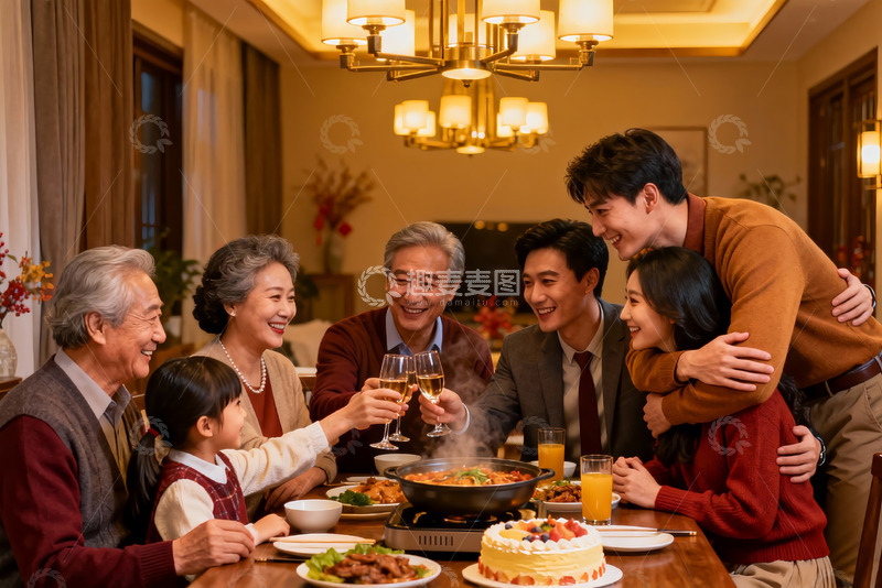 高清大图下载【趣麦麦图】三代同堂家庭聚餐温馨场景