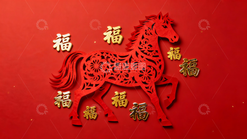 高清大图下载【趣麦麦图】红色剪纸马与福字装饰