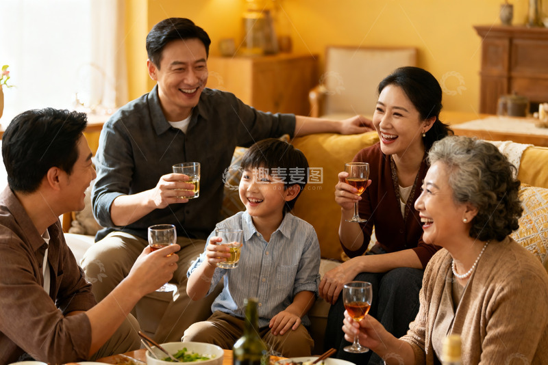 高清大图下载【趣麦麦图】三代同堂家庭聚会举杯欢庆