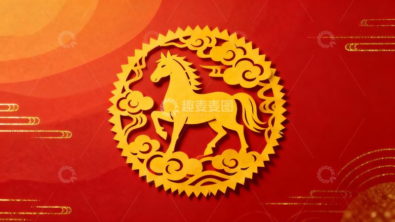 高清大图下载【趣麦麦图】红色背景上的金色剪纸马