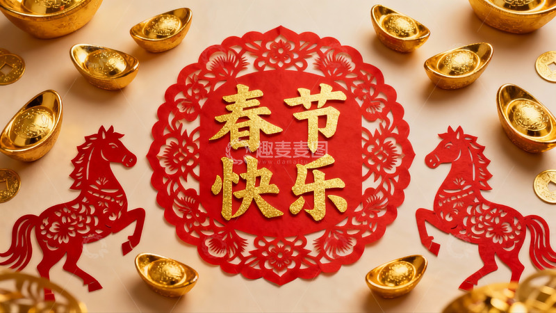 高清大图下载【趣麦麦图】春节剪纸装饰金元宝摆件