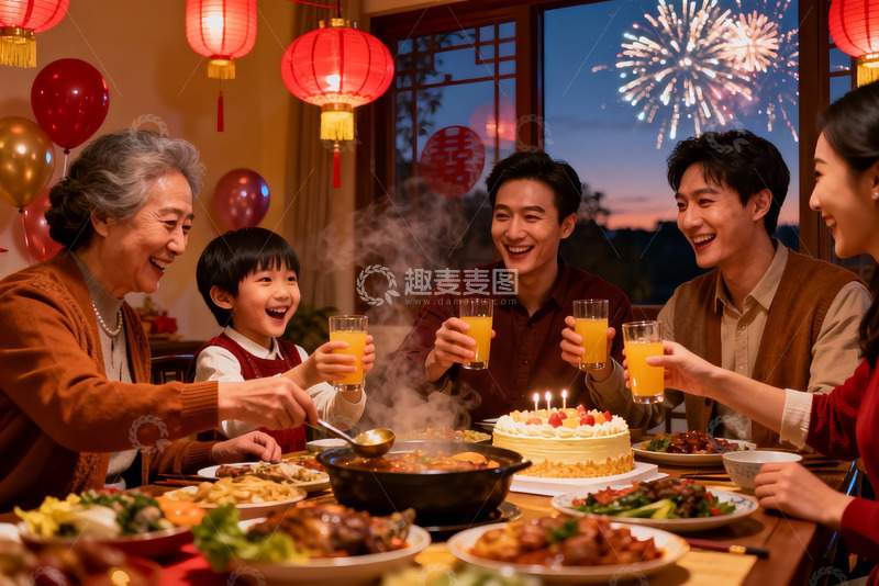 高清大图下载【趣麦麦图】家庭聚餐欢庆烟花绽放