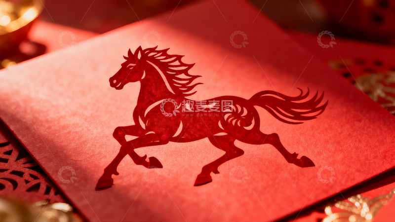 高清大图下载【趣麦麦图】红色剪纸骏马图案特写