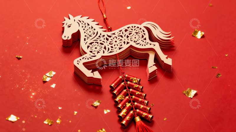 高清大图下载【趣麦麦图】红色背景上的马形剪纸与鞭炮