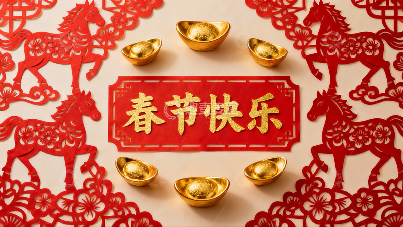 高清大图下载【趣麦麦图】春节剪纸与金元宝装饰