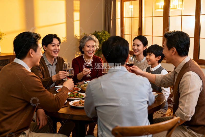 高清大图下载【趣麦麦图】温馨家庭聚餐举杯欢庆