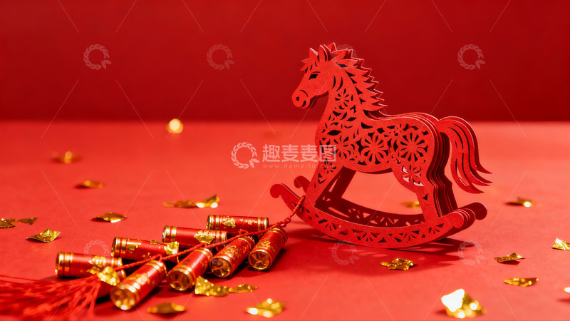 高清大图下载【趣麦麦图】红色剪纸马与鞭炮新年装饰