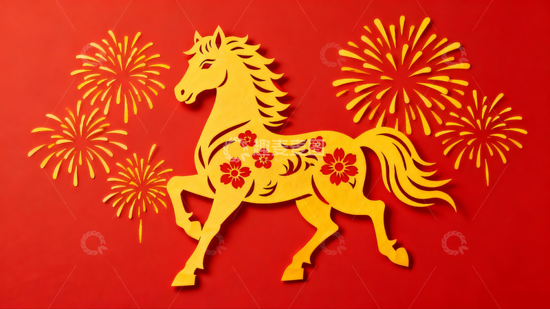 高清大图下载【趣麦麦图】红色背景上的金色剪纸马