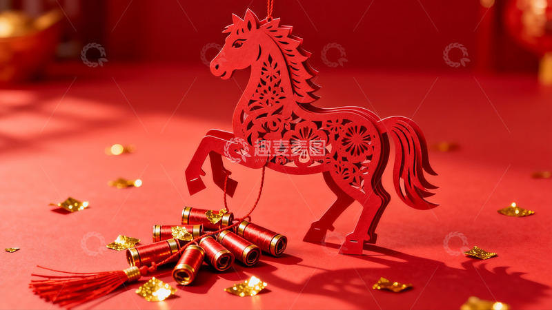 高清大图下载【趣麦麦图】红色剪纸马与鞭炮装饰