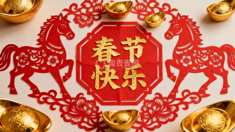 高清大图下载【趣麦麦图】春节剪纸装饰与金元宝摆件