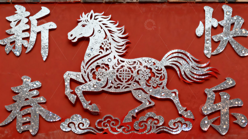 高清大图下载【趣麦麦图】红色背景上的银色马年剪纸装饰