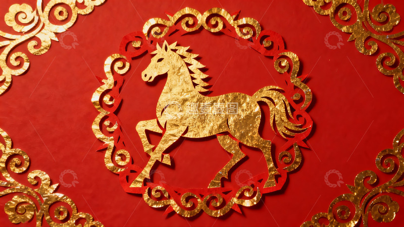 高清大图下载【趣麦麦图】红色背景金色剪纸马图案