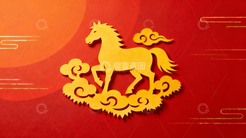 高清大图下载【趣麦麦图】红色背景上的金色剪纸马