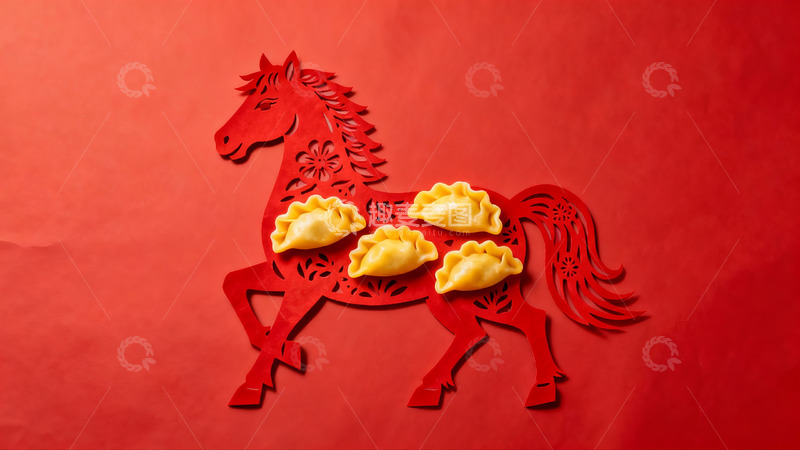 高清大图下载【趣麦麦图】剪纸马与饺子创意组合