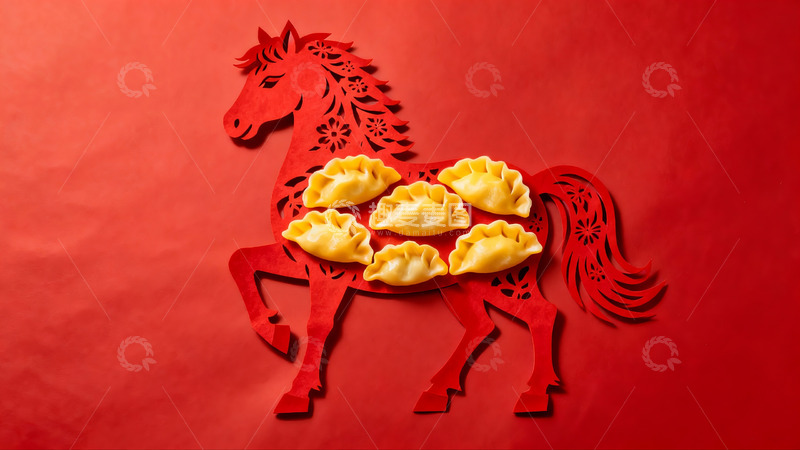高清大图下载【趣麦麦图】红色剪纸马与饺子创意组合