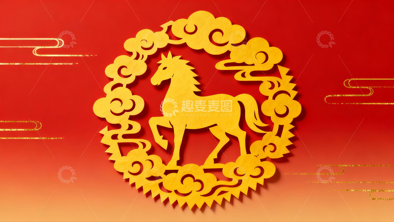 高清大图下载【趣麦麦图】红色背景上的金色剪纸马