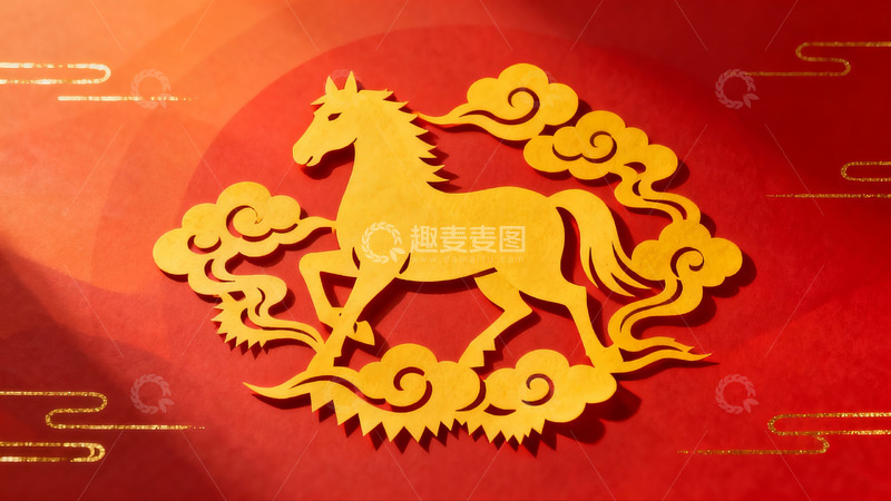 高清大图下载【趣麦麦图】红色背景上的金色马形剪纸