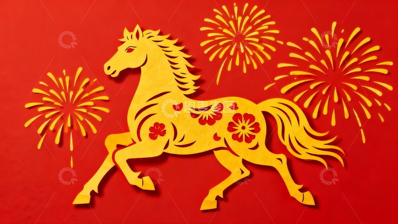 高清大图下载【趣麦麦图】红色背景上的黄色剪纸马