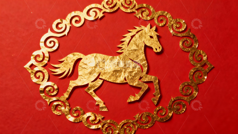 高清大图下载【趣麦麦图】红色背景上的金色马形剪纸