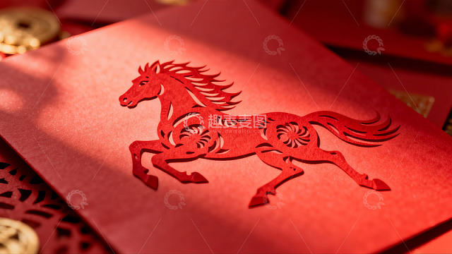 红色剪纸马图案新年贺卡