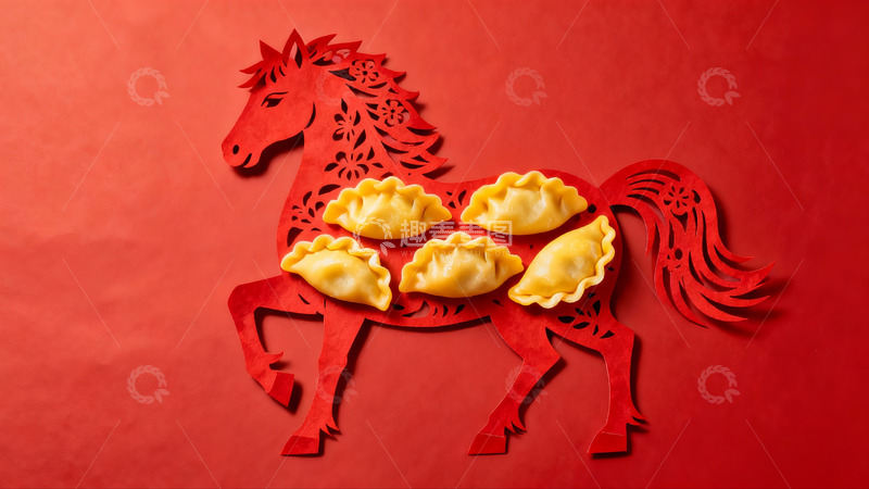 高清大图下载【趣麦麦图】红色剪纸马与饺子创意组合