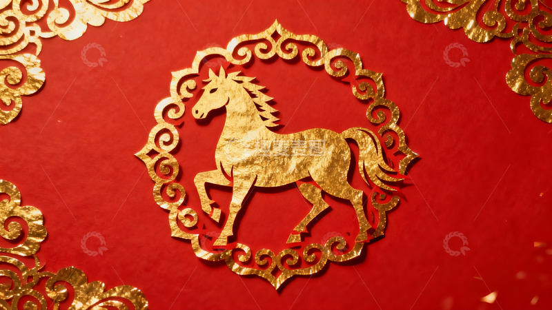 高清大图下载【趣麦麦图】红色背景金色马剪纸艺术