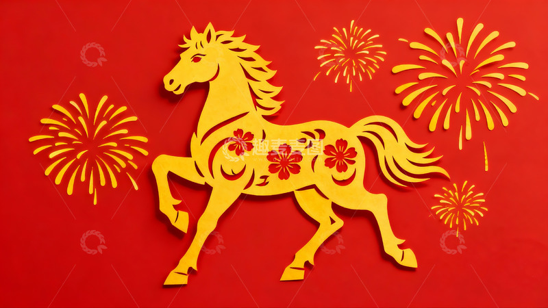 高清大图下载【趣麦麦图】红色背景上的剪纸马与烟花