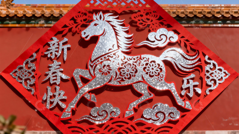 高清大图下载【趣麦麦图】红色剪纸马迎新春装饰