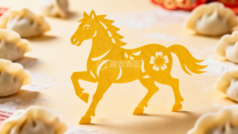 高清大图下载【趣麦麦图】剪纸马与饺子的节日寓意