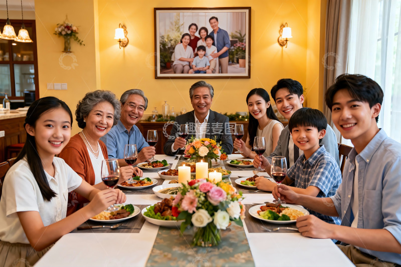 高清大图下载【趣麦麦图】三代同堂家庭聚餐温馨场景