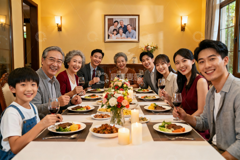 高清大图下载【趣麦麦图】三代同堂家庭聚餐温馨场景