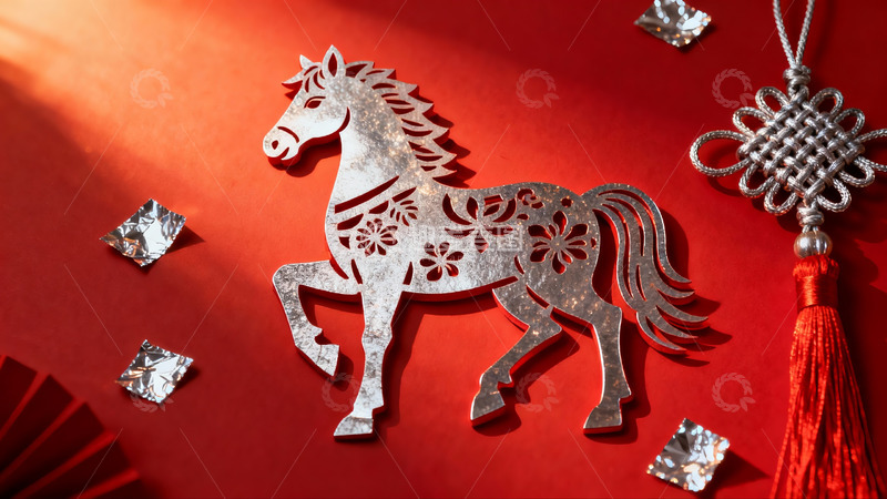 高清大图下载【趣麦麦图】红色背景上的银色马形剪纸装饰