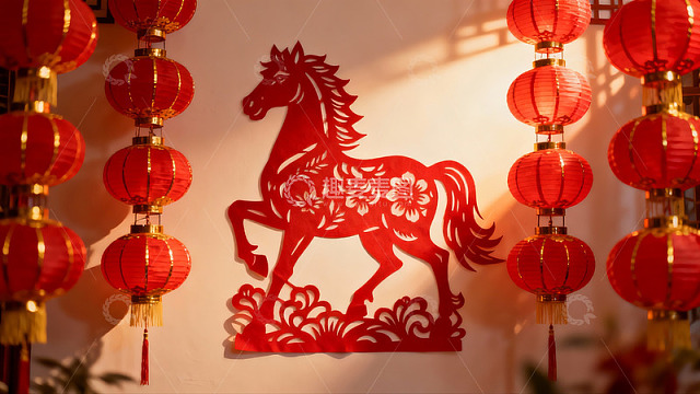 春节装饰红灯笼与剪纸马
