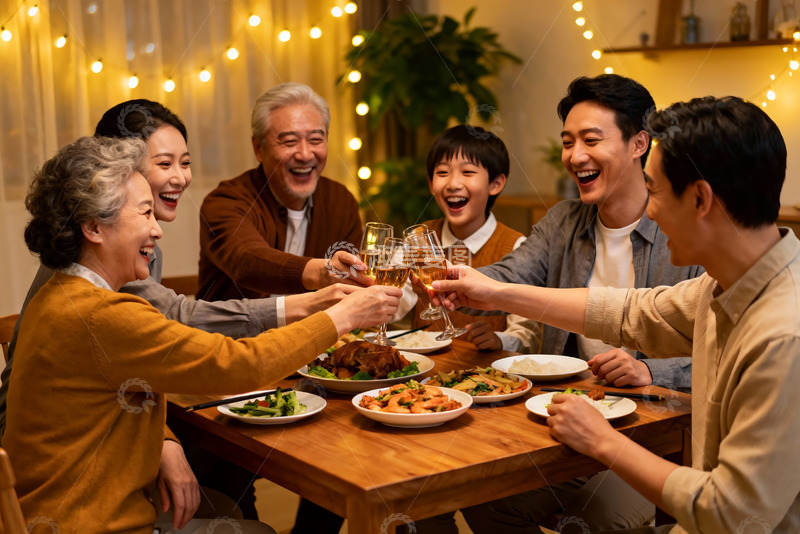高清大图下载【趣麦麦图】三代同堂家庭聚餐欢庆时刻