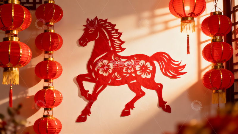 高清大图下载【趣麦麦图】春节红灯笼与剪纸马装饰