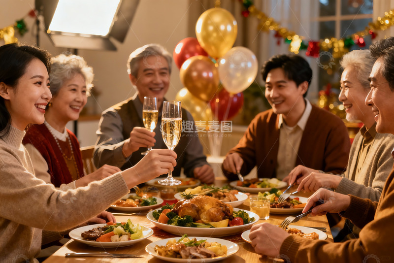 高清大图下载【趣麦麦图】家庭聚餐欢庆节日举杯同乐