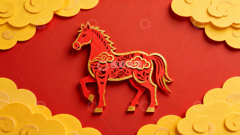 高清大图下载【趣麦麦图】红色背景上的金色剪纸马