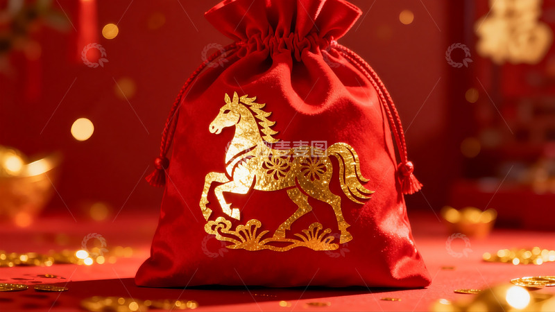 高清大图下载【趣麦麦图】红色布袋金色马纹新年装饰