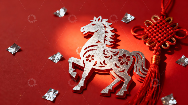 高清大图下载【趣麦麦图】红色背景上的银色马形剪纸与中国结