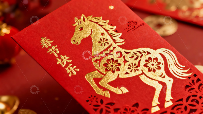 高清大图下载【趣麦麦图】红色红包上的金色马图案
