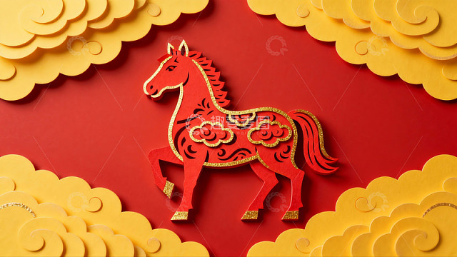 红色剪纸马与黄色祥云图案