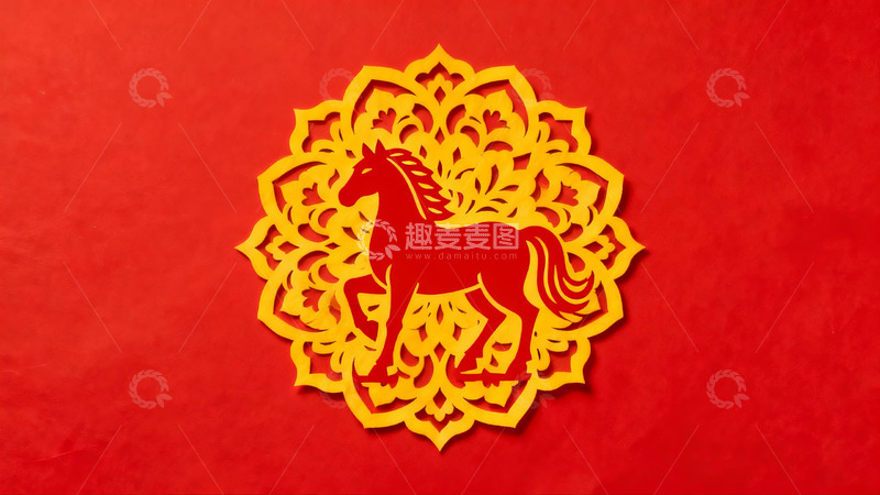 高清大图下载【趣麦麦图】红色背景上的黄色马形剪纸