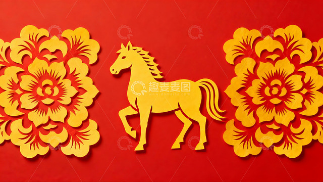 红色背景上的黄色剪纸马与花卉